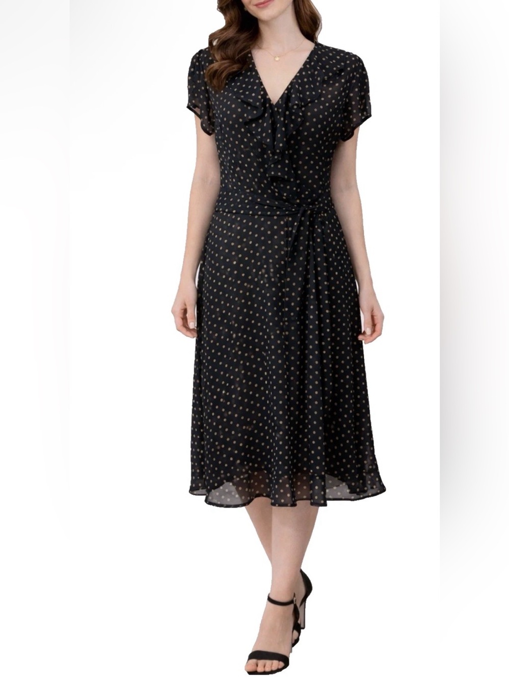 MSK Dress Navy Blue Green 16 Polka Dot Flowy Midi W Belt Washable Sheer Fairy